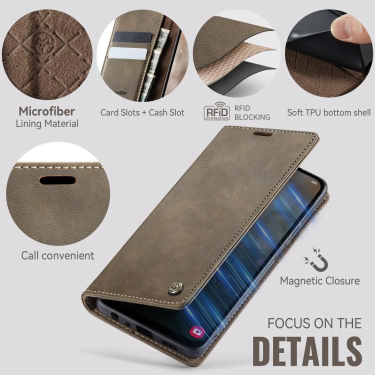 Funda CaseMe 033 para Samsung Galaxy A13/A04s, forro de piel de becerro, microfibra y bloqueo RFID (café)