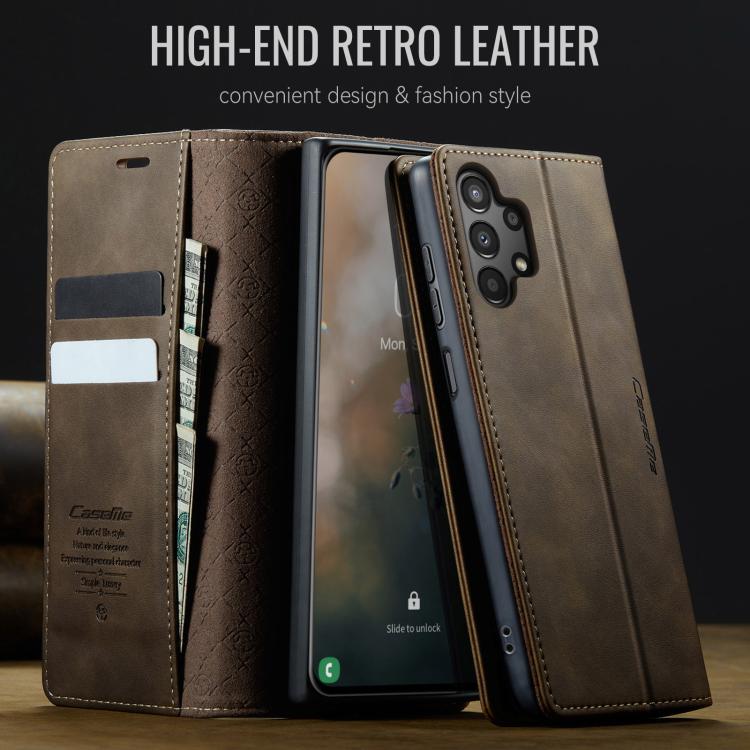 Funda CaseMe 033 para Samsung Galaxy A13/A04s, forro de piel de becerro, microfibra y bloqueo RFID (café)