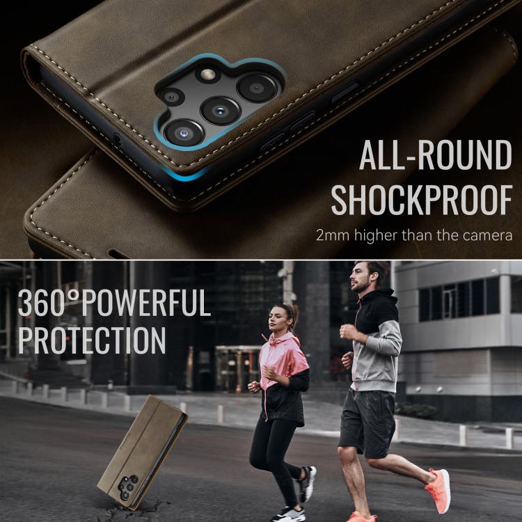 Funda CaseMe 033 para Samsung Galaxy A13/A04s, forro de piel de becerro, microfibra y bloqueo RFID (café)