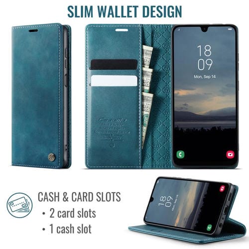 Funda CaseMe 033 para Samsung Galaxy A13/A04s, forro de piel de becerro, microfibra y bloqueo RFID (verde)
