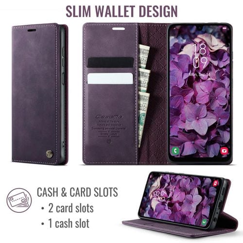 Funda CaseMe 033 para Samsung Galaxy A13/A04s, forro de piel de becerro, microfibra y bloqueo RFID (morado)