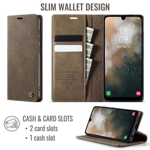 Funda CaseMe 033 para Samsung Galaxy A50s/A30s, forro de piel de becerro, microfibra y bloqueo RFID (café)