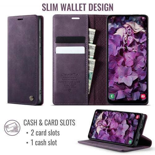 Funda CaseMe 033 para Samsung Galaxy A50s/A30s, forro de piel de becerro, microfibra y bloqueo RFID (morado)
