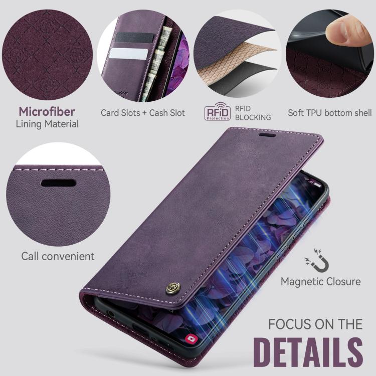 Funda CaseMe 033 para Samsung Galaxy A50s/A30s, forro de piel de becerro, microfibra y bloqueo RFID (morado)