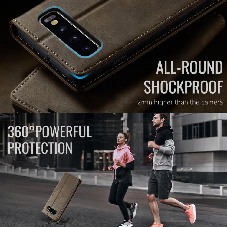 Funda CaseMe 033 para Samsung Galaxy S10+, forro de piel de becerro, microfibra y bloqueo RFID (café)