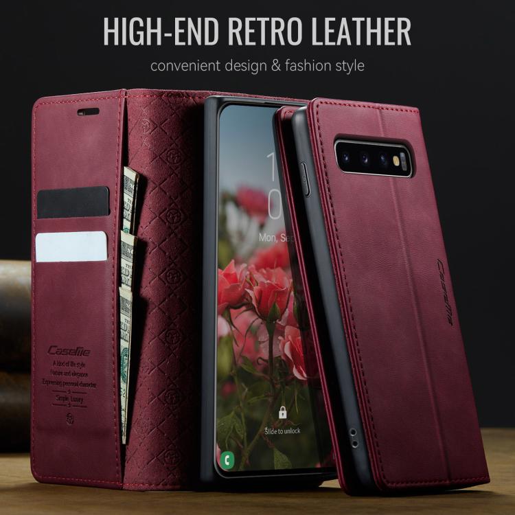 Funda CaseMe 033 para Samsung Galaxy S10+, forro de piel de becerro, microfibra, con bloqueo RFID (roja)