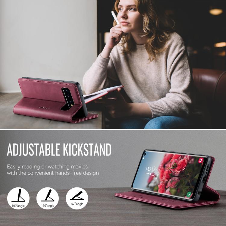 Funda CaseMe 033 para Samsung Galaxy S10+, forro de piel de becerro, microfibra, con bloqueo RFID (roja)