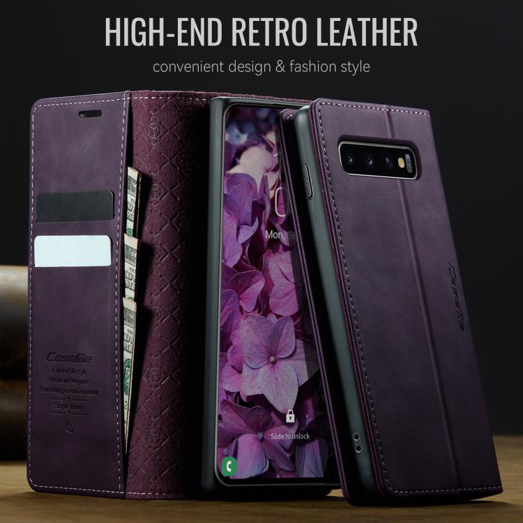 Funda CaseMe 033 para Samsung Galaxy S10+, forro de piel de becerro, microfibra, con bloqueo RFID (morado)