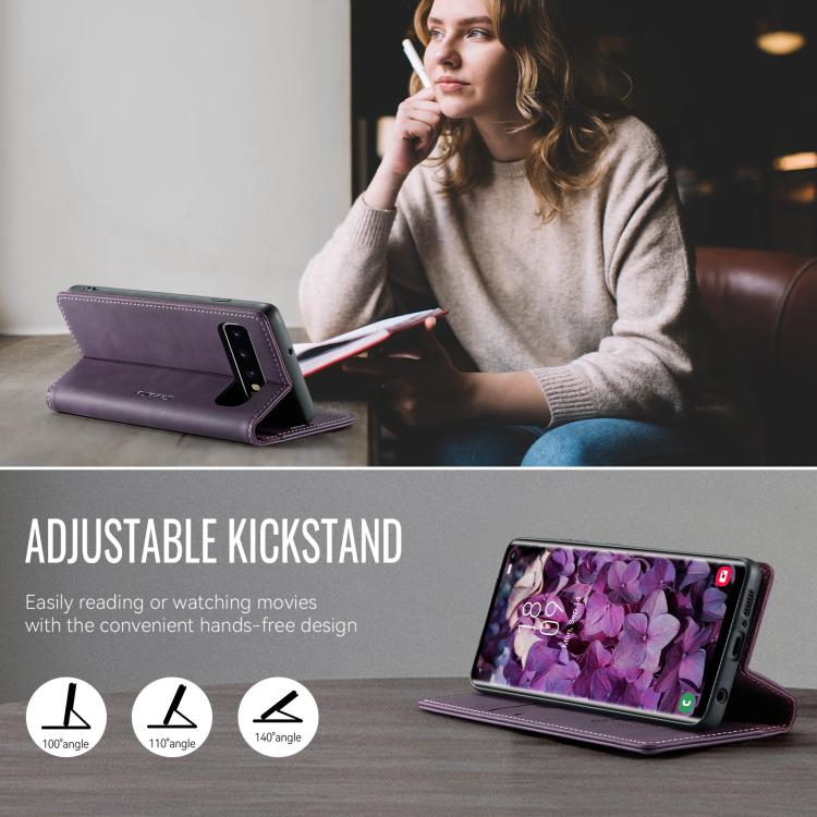 Funda CaseMe 033 para Samsung Galaxy S10+, forro de piel de becerro, microfibra, con bloqueo RFID (morado)
