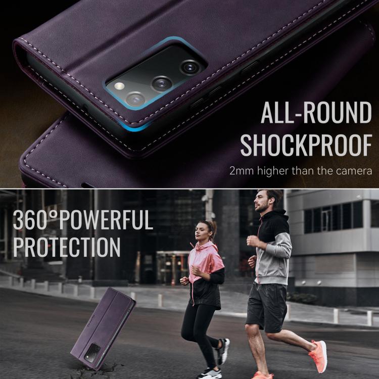 Funda CaseMe 033 para Samsung Galaxy S20 FE, forro de piel de becerro, microfibra, con bloqueo RFID (morado)