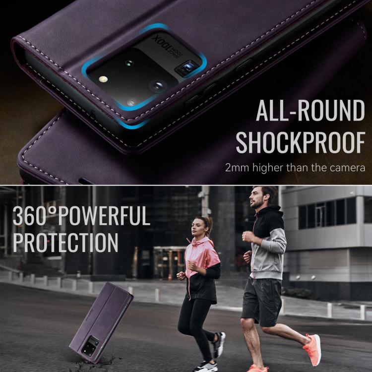 Funda CaseMe 033 para Samsung Galaxy S20 Ultra, forro de piel de becerro, microfibra y bloqueo RFID (morado)