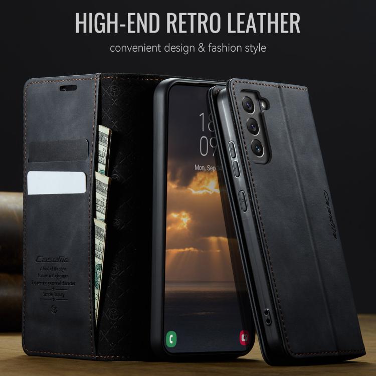 Funda CaseMe 033 para Samsung Galaxy S22 5G, forro de piel de becerro, microfibra, con bloqueo RFID (negra)