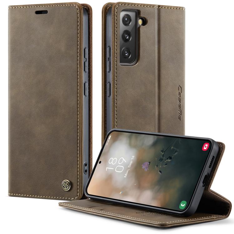 Funda para Samsung Galaxy S22 5G CaseMe 033 con forro de piel de becerro, microfibra y bloqueo RFID (café)