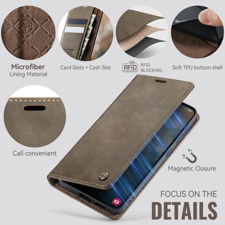 Funda para Samsung Galaxy S22 5G CaseMe 033 con forro de piel de becerro, microfibra y bloqueo RFID (café)