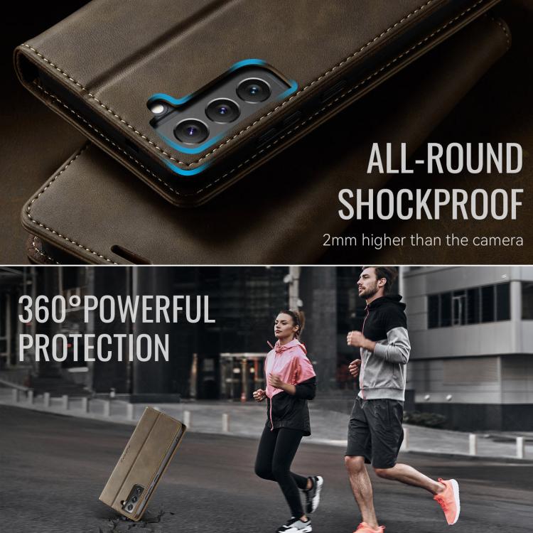 Funda para Samsung Galaxy S22 5G CaseMe 033 con forro de piel de becerro, microfibra y bloqueo RFID (café)