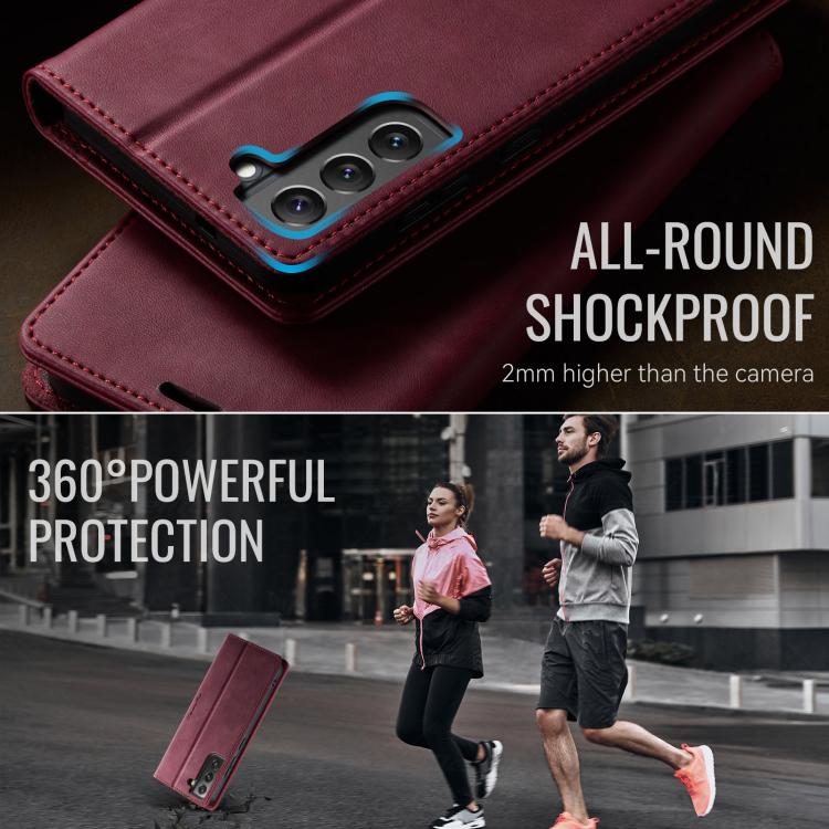 Funda CaseMe 033 para Samsung Galaxy S22 5G, forro de piel de becerro, microfibra, con bloqueo RFID (roja)