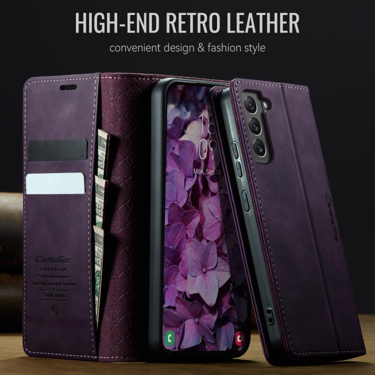 Funda para Samsung Galaxy S22 5G CaseMe 033 con forro de piel de becerro, microfibra y bloqueo RFID (morado)