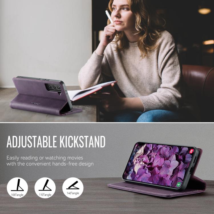 Funda para Samsung Galaxy S22 5G CaseMe 033 con forro de piel de becerro, microfibra y bloqueo RFID (morado)
