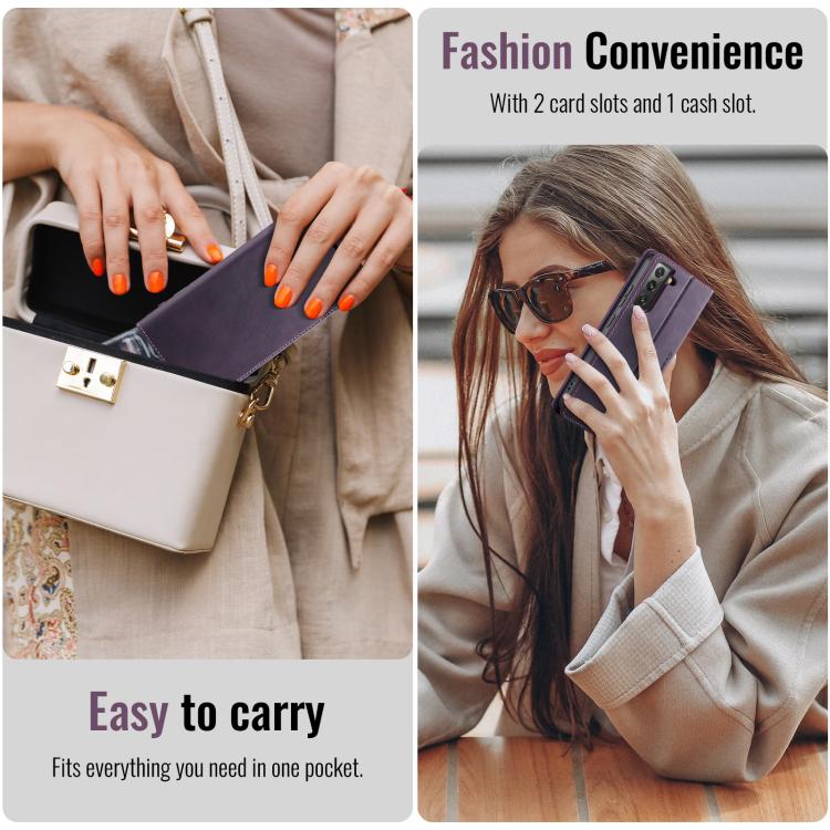 Funda para Samsung Galaxy S22 5G CaseMe 033 con forro de piel de becerro, microfibra y bloqueo RFID (morado)
