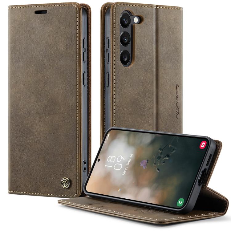 Funda CaseMe 033 para Samsung Galaxy S23 5G, forro de piel de becerro, microfibra y bloqueo RFID (café)