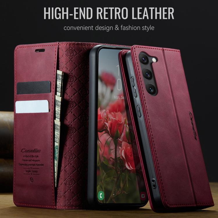 Funda CaseMe 033 para Samsung Galaxy S23 5G, forro de piel de becerro, microfibra, con bloqueo RFID (roja)