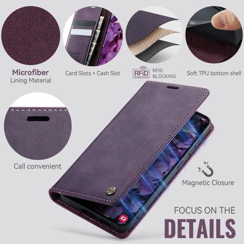 Funda CaseMe 033 para Samsung Galaxy S23 5G, forro de piel de becerro, microfibra, con bloqueo RFID (morado)