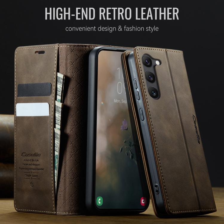 Funda CaseMe 033 para Samsung Galaxy S23+ 5G, forro de piel de becerro, microfibra, con bloqueo RFID (café)