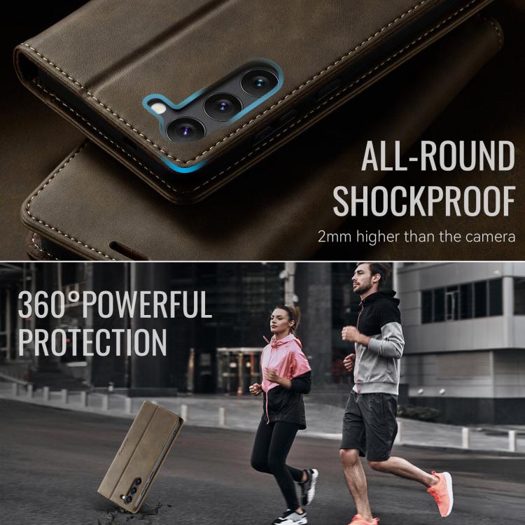 Funda CaseMe 033 para Samsung Galaxy S23+ 5G, forro de piel de becerro, microfibra, con bloqueo RFID (café)