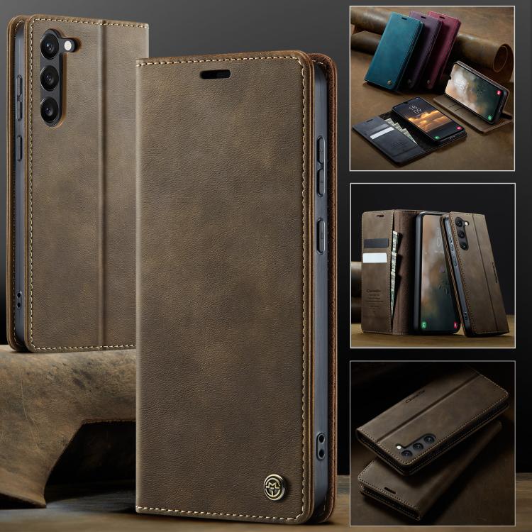 Funda CaseMe 033 para Samsung Galaxy S23+ 5G, forro de piel de becerro, microfibra, con bloqueo RFID (café)