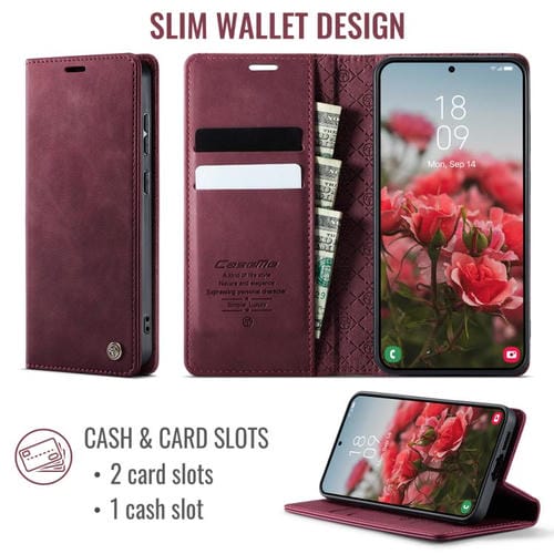 Funda CaseMe 033 para Samsung Galaxy S23+ 5G, forro de piel de becerro, microfibra, con bloqueo RFID (roja)