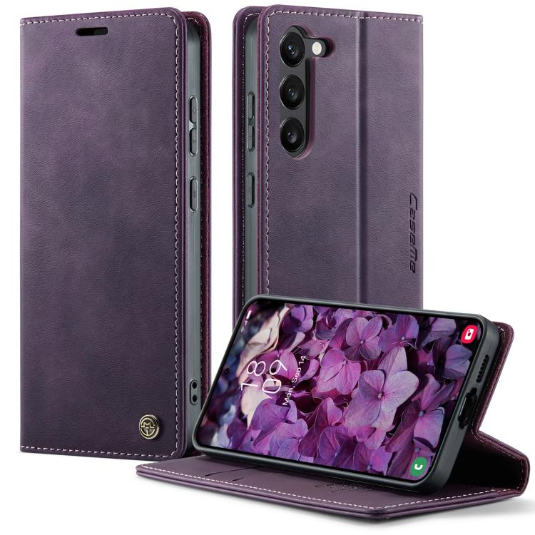 Funda CaseMe 033 para Samsung Galaxy S23+ 5G, forro de piel de becerro, microfibra, con bloqueo RFID (morado)