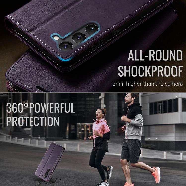 Funda CaseMe 033 para Samsung Galaxy S23+ 5G, forro de piel de becerro, microfibra, con bloqueo RFID (morado)