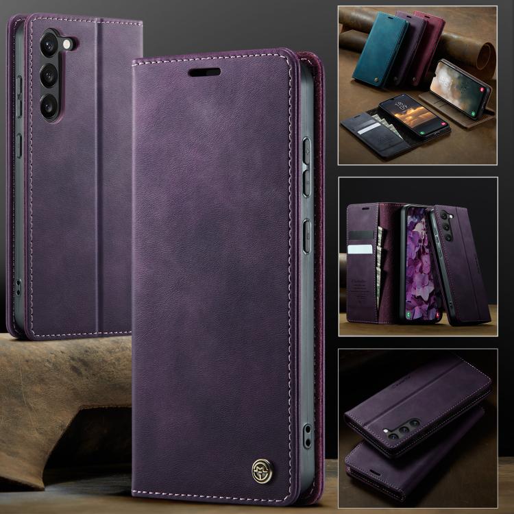 Funda CaseMe 033 para Samsung Galaxy S23+ 5G, forro de piel de becerro, microfibra, con bloqueo RFID (morado)