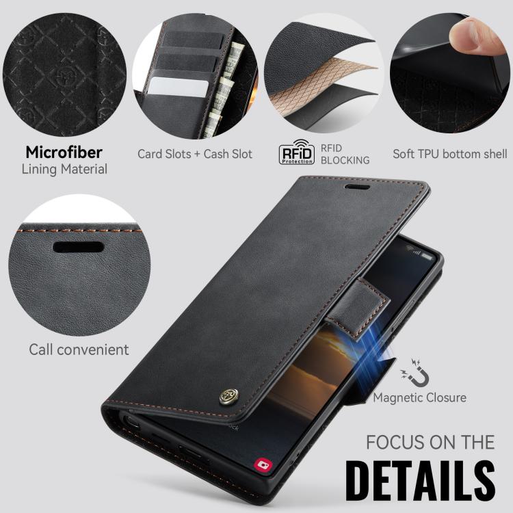Funda CaseMe 033 para Samsung Galaxy S23 Ultra 5G, forro de piel de becerro, microfibra, con bloqueo RFID (negra)