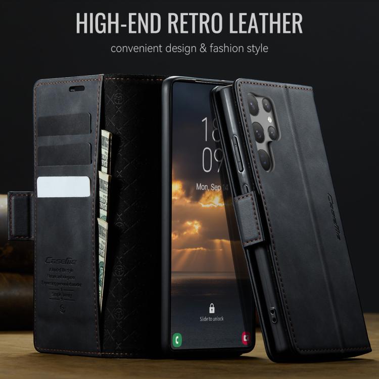Funda CaseMe 033 para Samsung Galaxy S23 Ultra 5G, forro de piel de becerro, microfibra, con bloqueo RFID (negra)