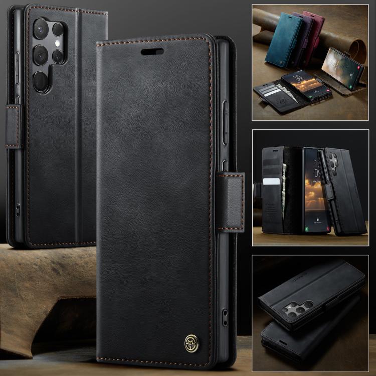 Funda CaseMe 033 para Samsung Galaxy S23 Ultra 5G, forro de piel de becerro, microfibra, con bloqueo RFID (negra)