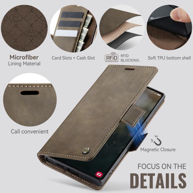 Funda CaseMe 033 para Samsung Galaxy S23 Ultra 5G, forro de piel de becerro, microfibra, con bloqueo RFID (café)