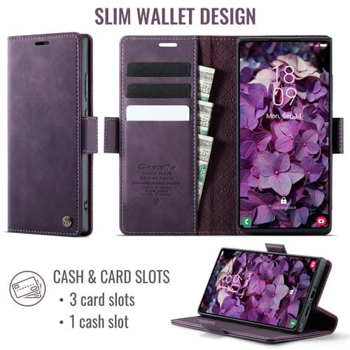 Funda CaseMe 033 para Samsung Galaxy S23 Ultra 5G, forro de piel de becerro, microfibra, con bloqueo RFID (morado)