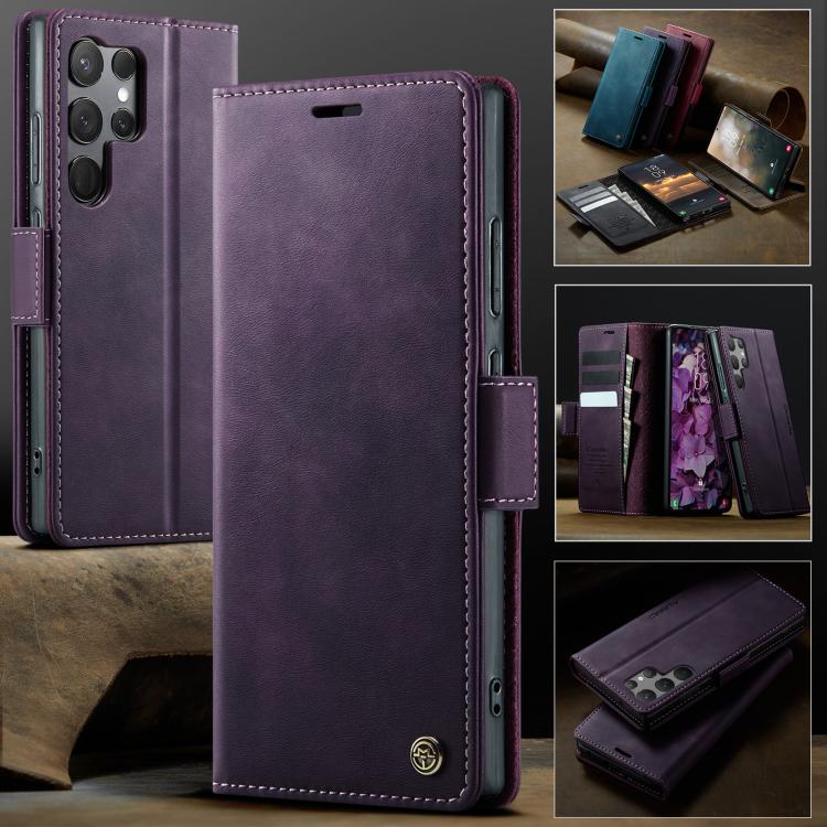 Funda CaseMe 033 para Samsung Galaxy S23 Ultra 5G, forro de piel de becerro, microfibra, con bloqueo RFID (morado)