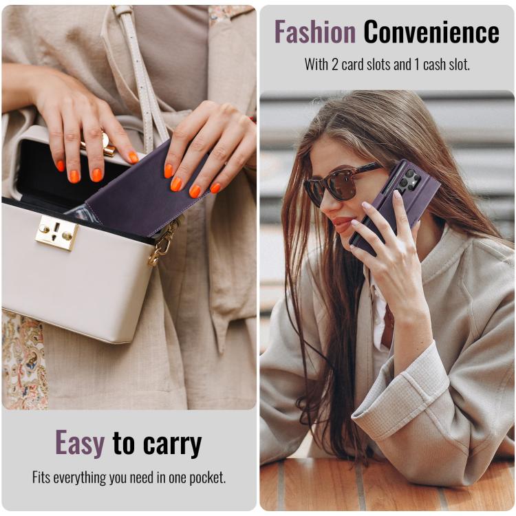 Funda CaseMe 033 para Samsung Galaxy S23 Ultra 5G, forro de piel de becerro, microfibra, con bloqueo RFID (morado)