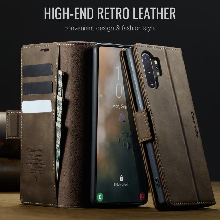 Funda CaseMe 033 para Samsung Galaxy Note10+, forro de piel de becerro, microfibra y bloqueo RFID (café)