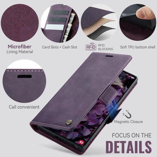 Funda CaseMe 033 para Samsung Galaxy Note10+, forro de piel de becerro, microfibra, con bloqueo RFID (morado)