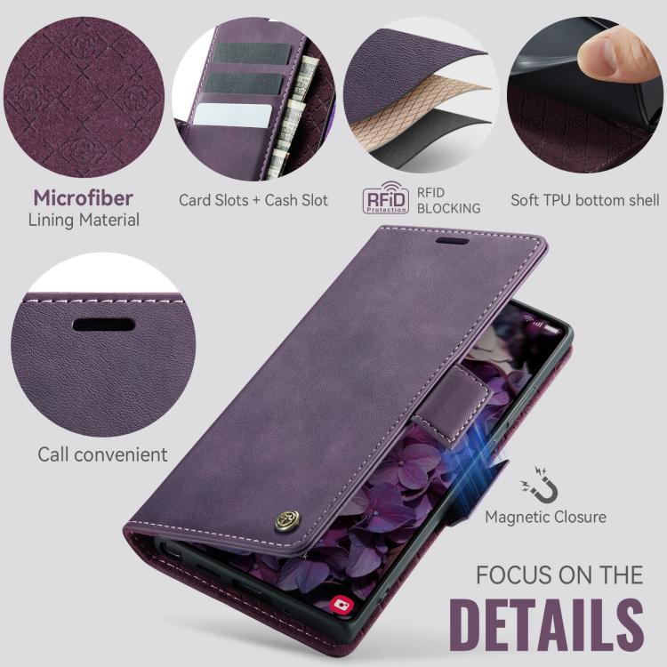Funda CaseMe 033 para Samsung Galaxy Note20 Ultra, forro de piel de becerro, microfibra y bloqueo RFID (morado)