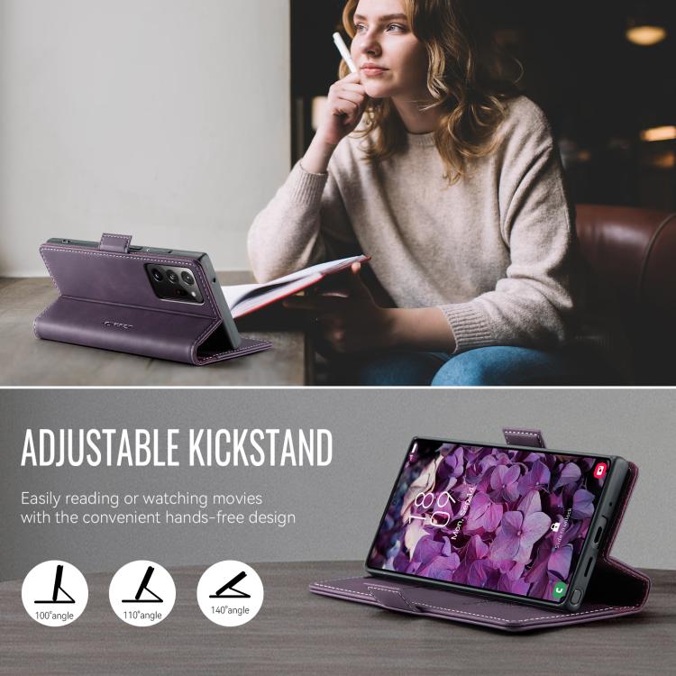 Funda CaseMe 033 para Samsung Galaxy Note20 Ultra, forro de piel de becerro, microfibra y bloqueo RFID (morado)