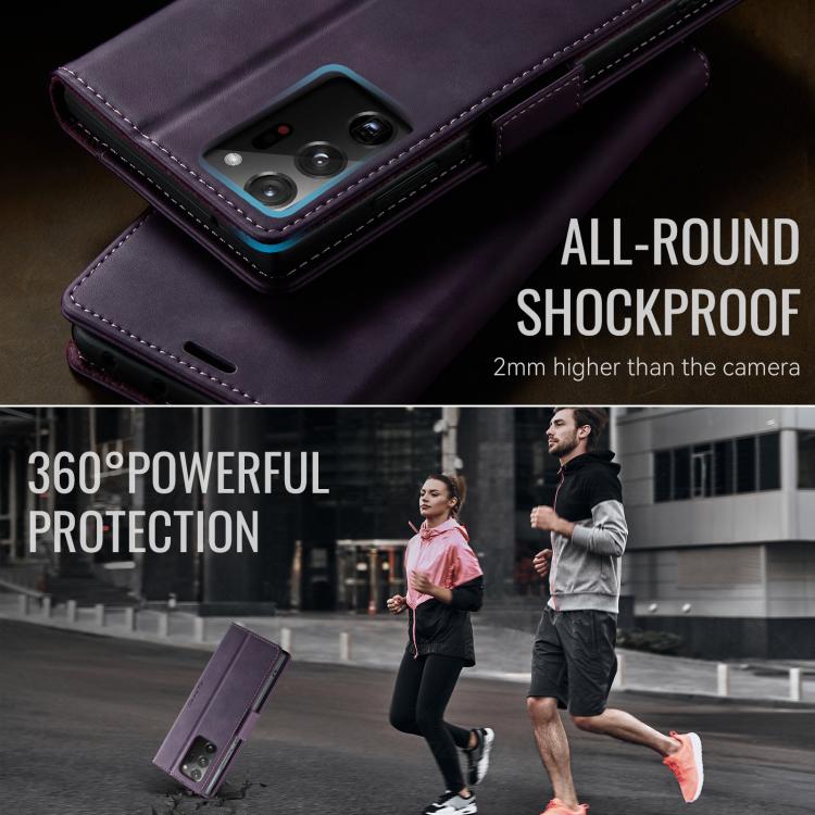 Funda CaseMe 033 para Samsung Galaxy Note20 Ultra, forro de piel de becerro, microfibra y bloqueo RFID (morado)