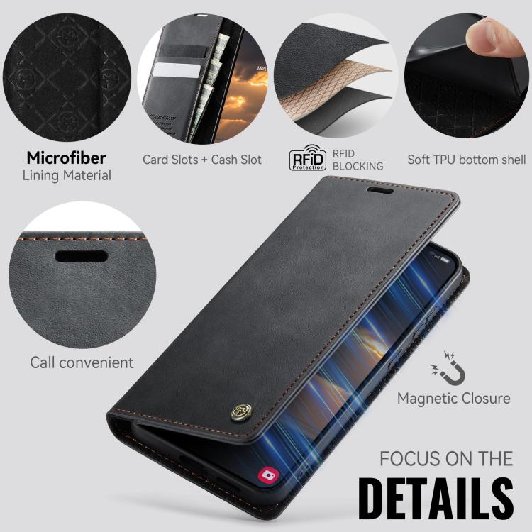 Funda para Samsung Galaxy S25 Edge CaseMe 033 con forro de piel de becerro, microfibra y bloqueo RFID (negra)