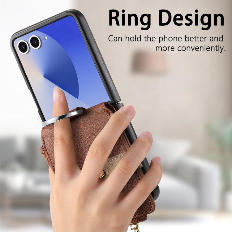 Funda tipo cartera con cremallera vertical y anillo con textura de lichi para Samsung Galaxy Z Flip7 5G (marrón)