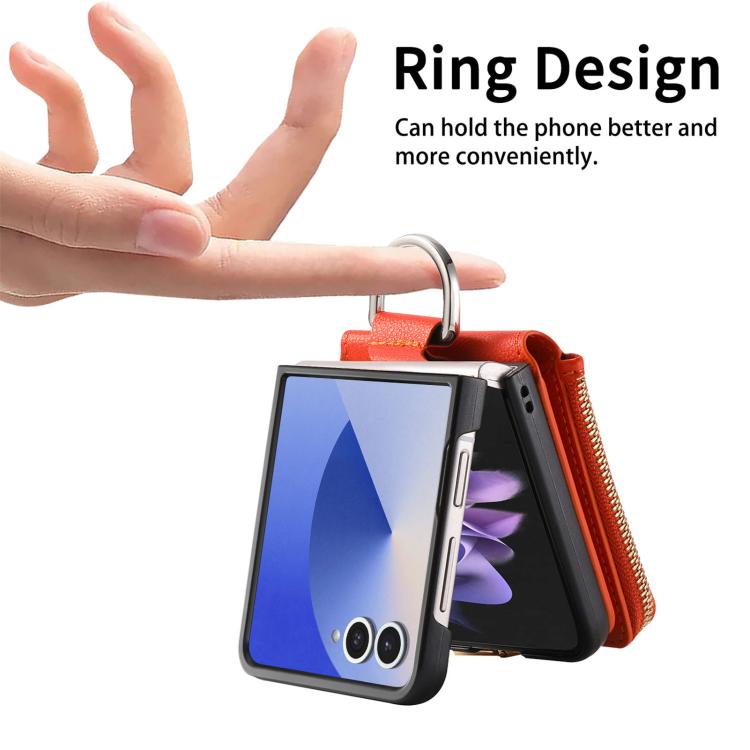 Funda tipo cartera con cremallera vertical y anillo con textura de lichi para Samsung Galaxy Z Flip7 5G (naranja)