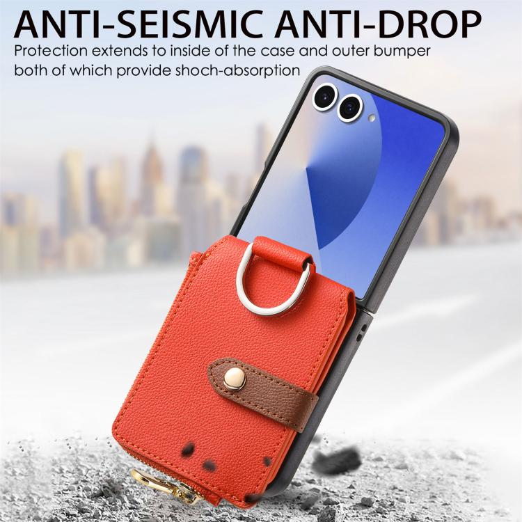 Funda tipo cartera con cremallera vertical y anillo con textura de lichi para Samsung Galaxy Z Flip7 5G (naranja)