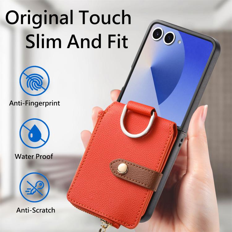 Funda tipo cartera con cremallera vertical y anillo con textura de lichi para Samsung Galaxy Z Flip7 5G (naranja)